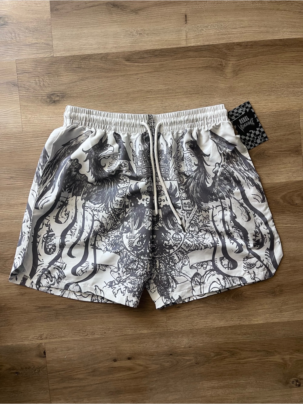 Rebel Vengeance Black & White Elastic Waist Swim Shorts Large
